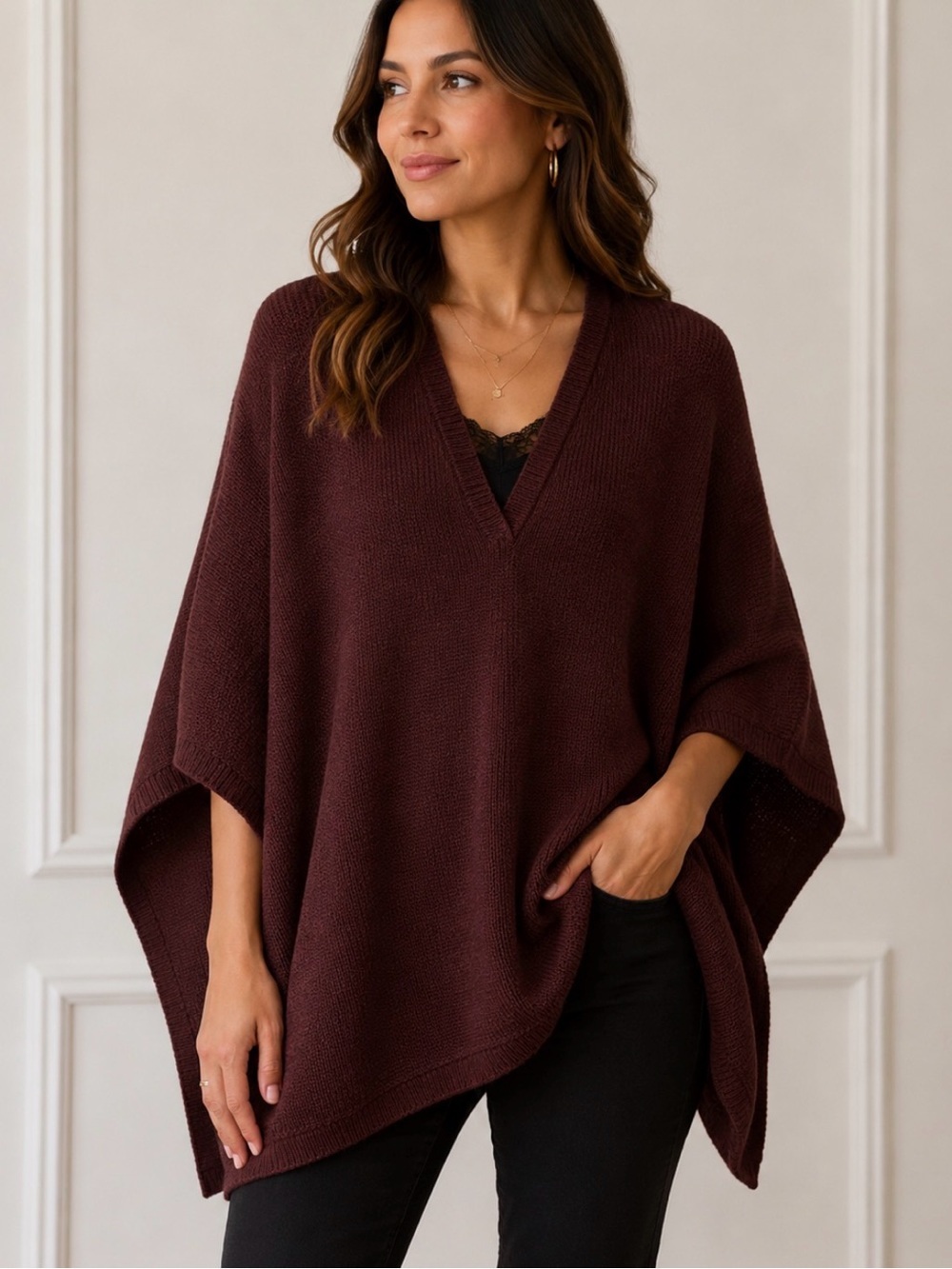 NEW Lauren Conrad burgundy/maroon Knit Poncho Sweater pullover sleeveless OSFM